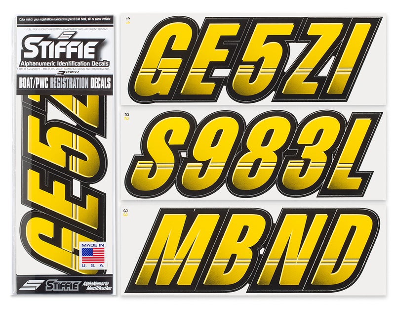 STIFFIE Techtron Yellow/Black 3" Boat & PWC Registration Decals â€¢ Numbers Letters Stickers - Image 1